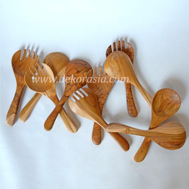 Teak Wooden Spoon and Fork - Round Type - Length 12.2 Inches